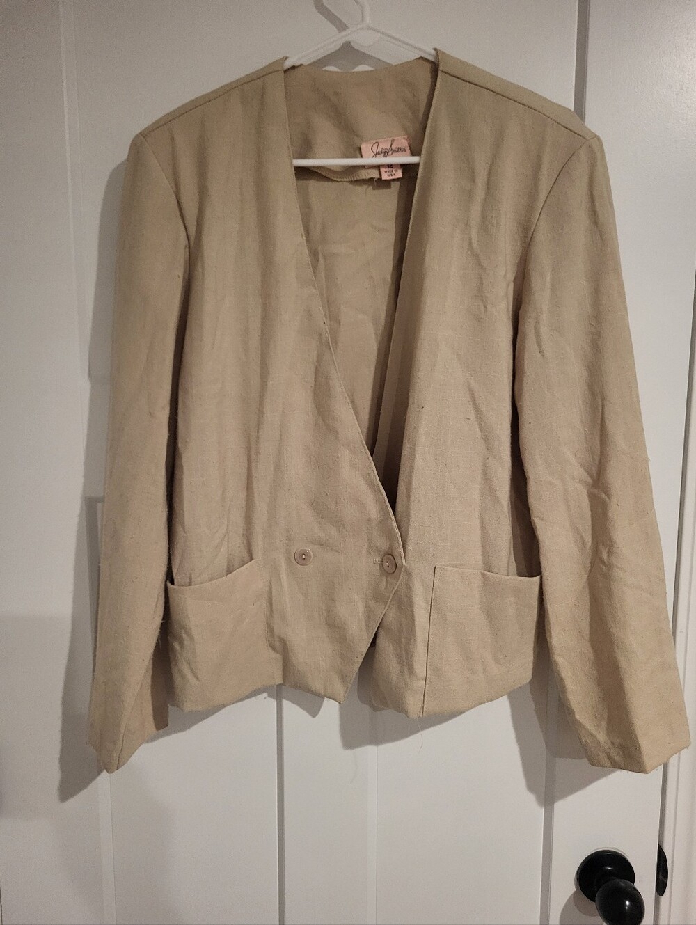Jaclyn Smith Beige Women's Open Blazer Jacket Front Pockets Button Across Size12